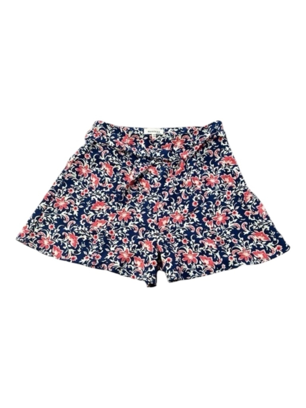 Monteau Paisley Blue Pink Colorful Dressy Tie Front High Waisted Draped Shorts M